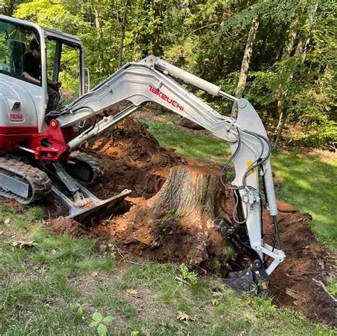 mini excavator stump removal|pulling stumps with excavator.